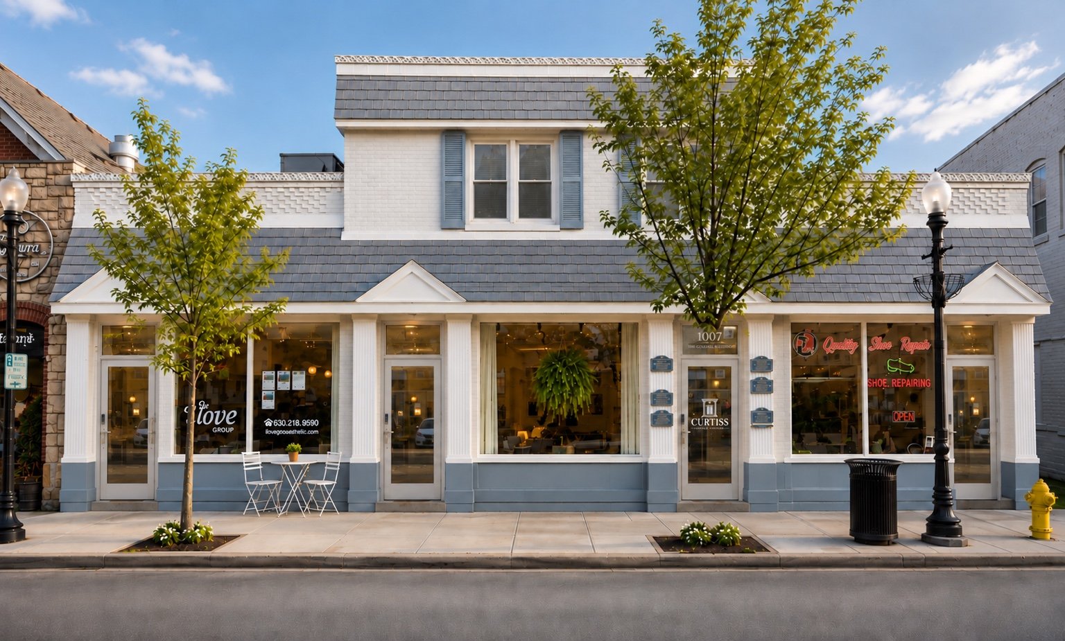 Curtiss Street storefronts in downtown Downers Grove